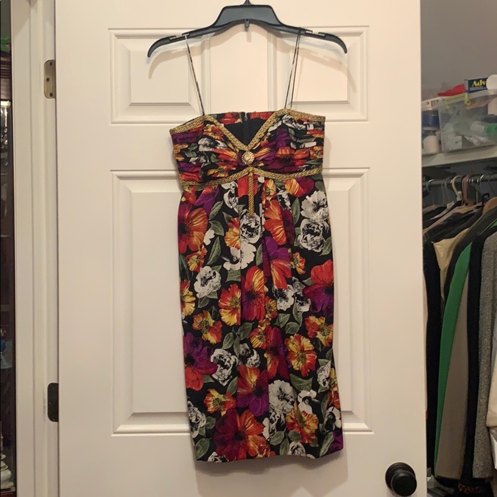Vintage Floral Spaghetti Strap Cocktail Dress, 100% Silk